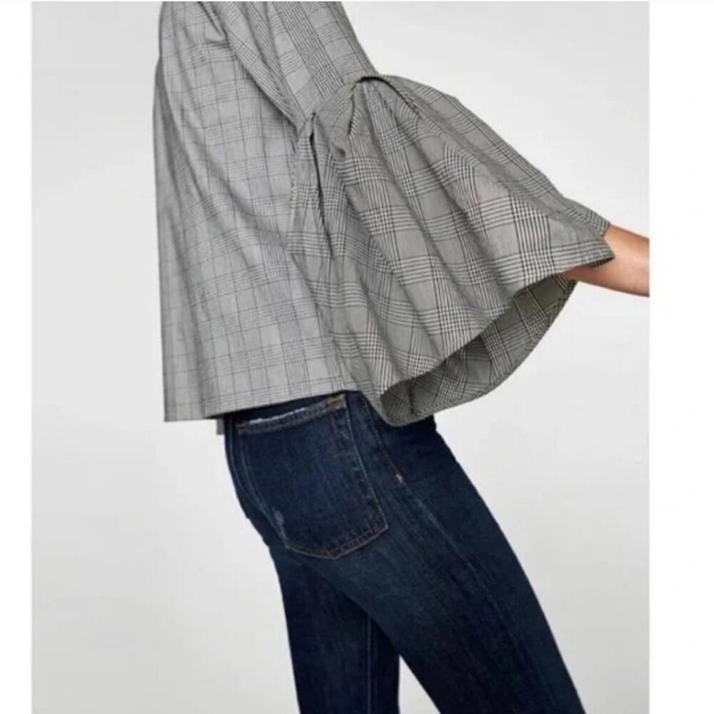 ZARA WOMAN Plaid Bell Sleeve Black and White Cotton Blend Top Size M - Picture 4 of 13